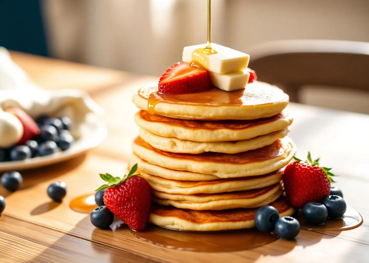 Fluffy pancakes with butter and berries