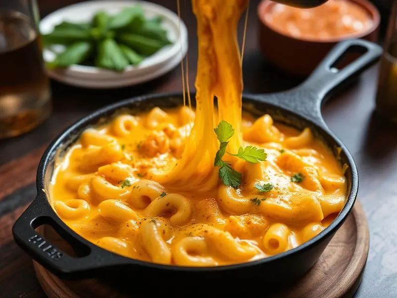 Butter chicken macaroni and cheese in a cast iron skillet