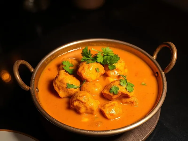 Butter chicken in a copper karahi with fresh cilantro