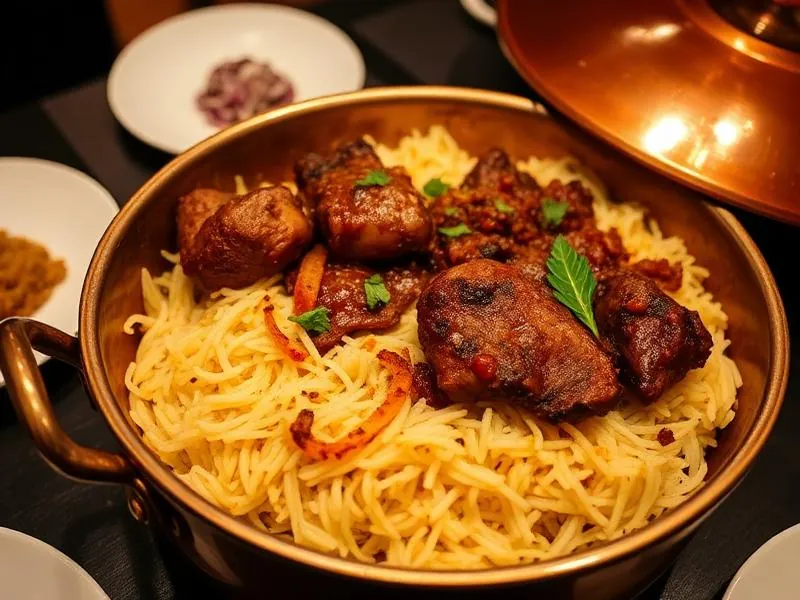 Lamb biryani in a copper pot with saffron rice