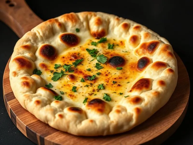 Paneer stuffed naan on a wooden board