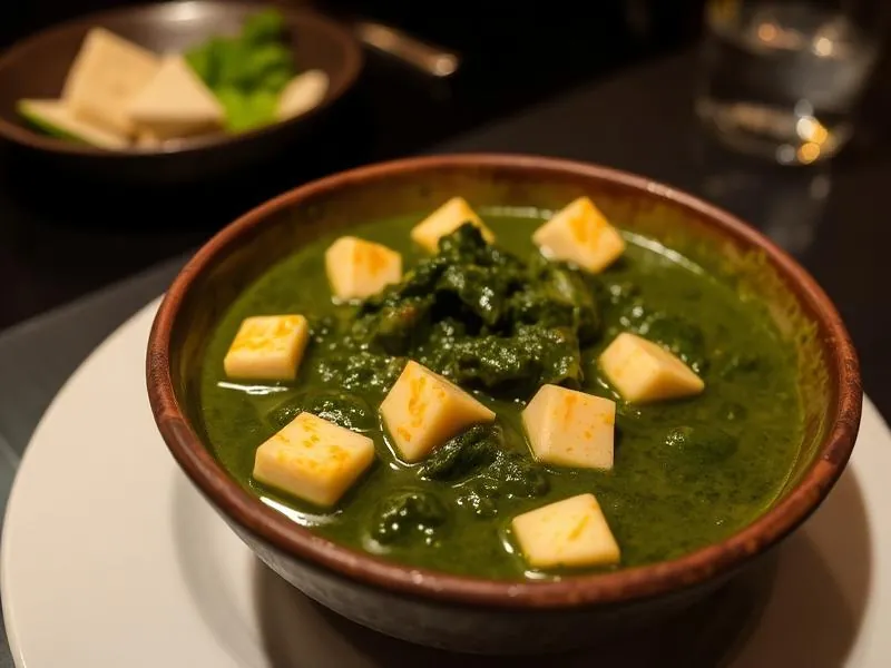 Saag paneer, spinach curry with cubes of paneer