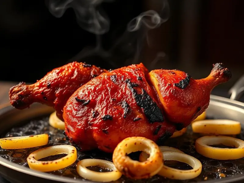 Tandoori chicken on a sizzling platter with onion rings