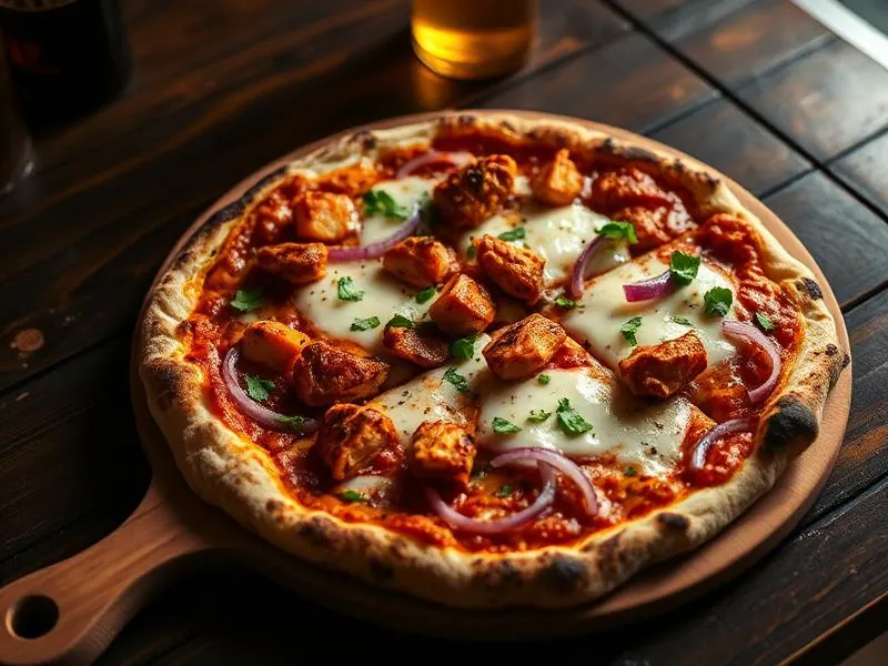 Tandoori chicken pizza with red onion and cilantro