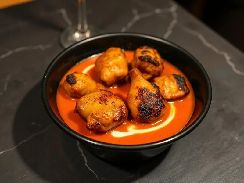 Chicken tikka masala in a black bowl with a cream swirl