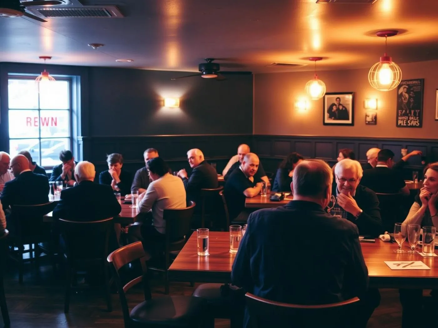 Guests at wooden tables in the Blue Diamond dining room on a busy evening