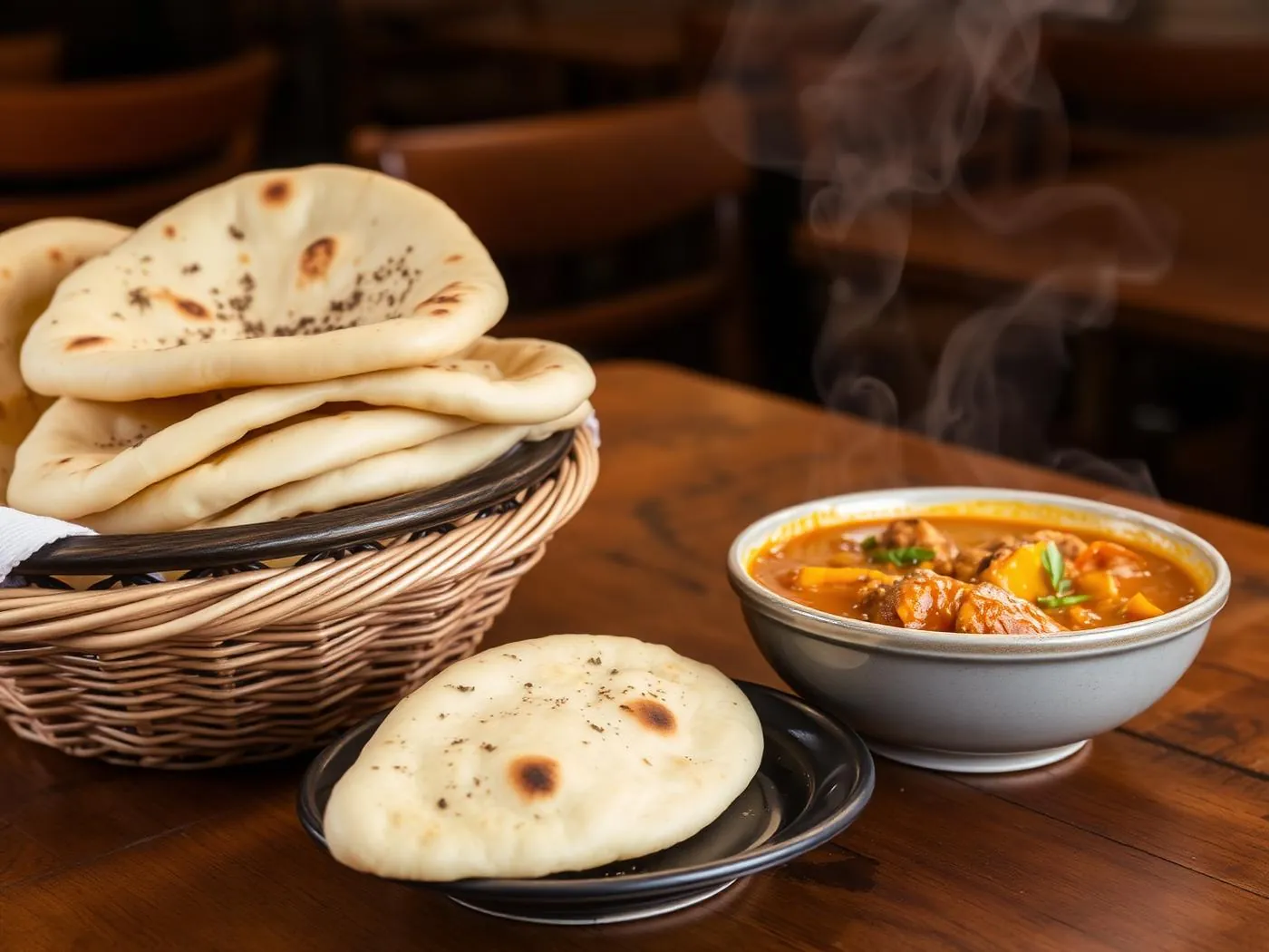 A basket of fresh naan beside a steaming bowl of curry