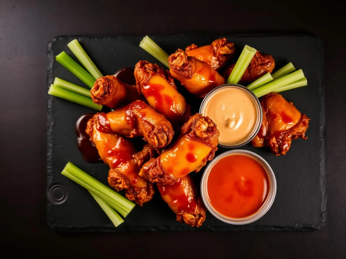 A platter of sauced chicken wings with celery and two dipping sauces