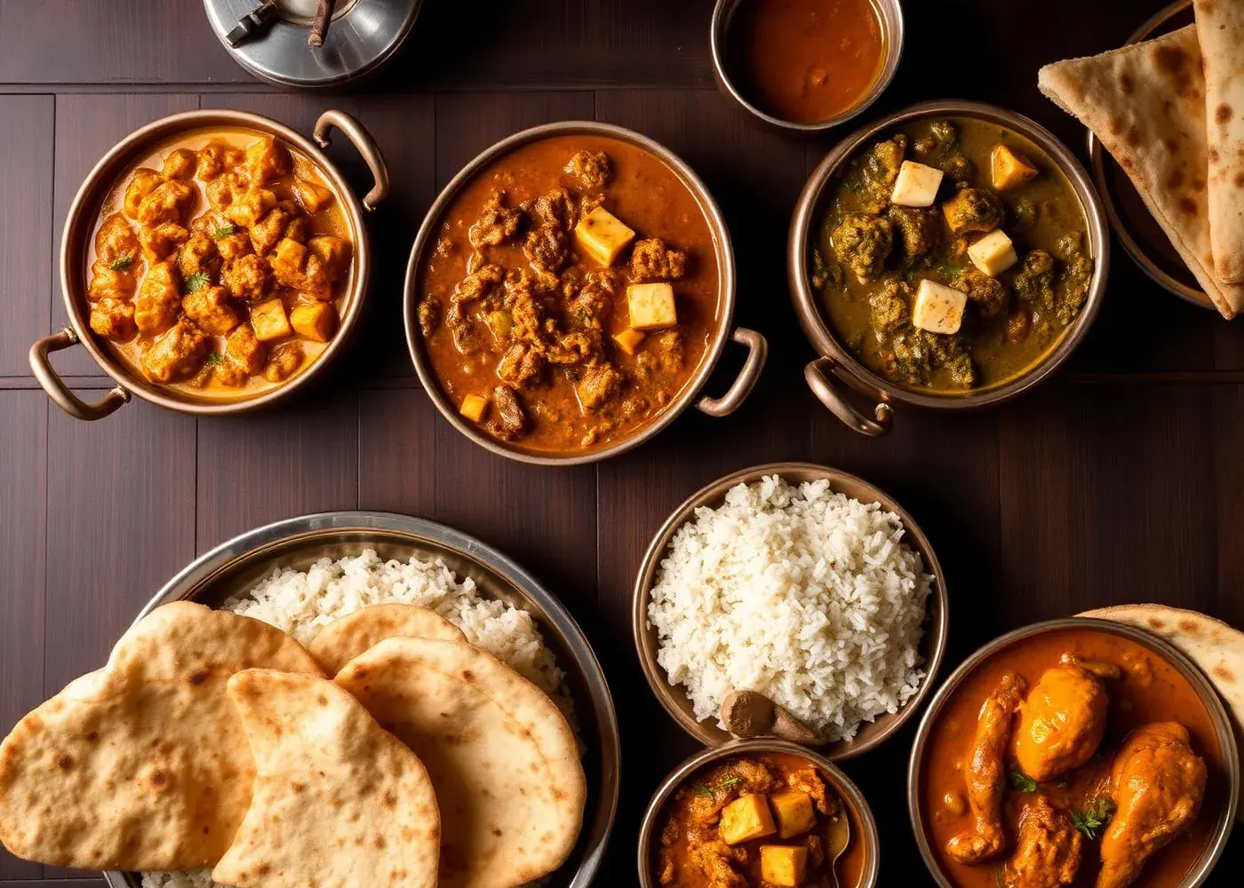Assorted North Indian curries with naan and rice