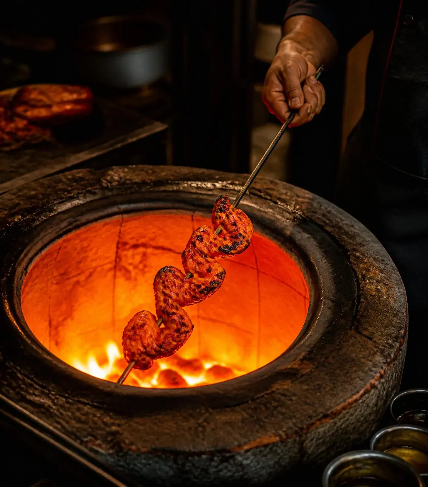 Chef placing marinated chicken into a glowing tandoor oven